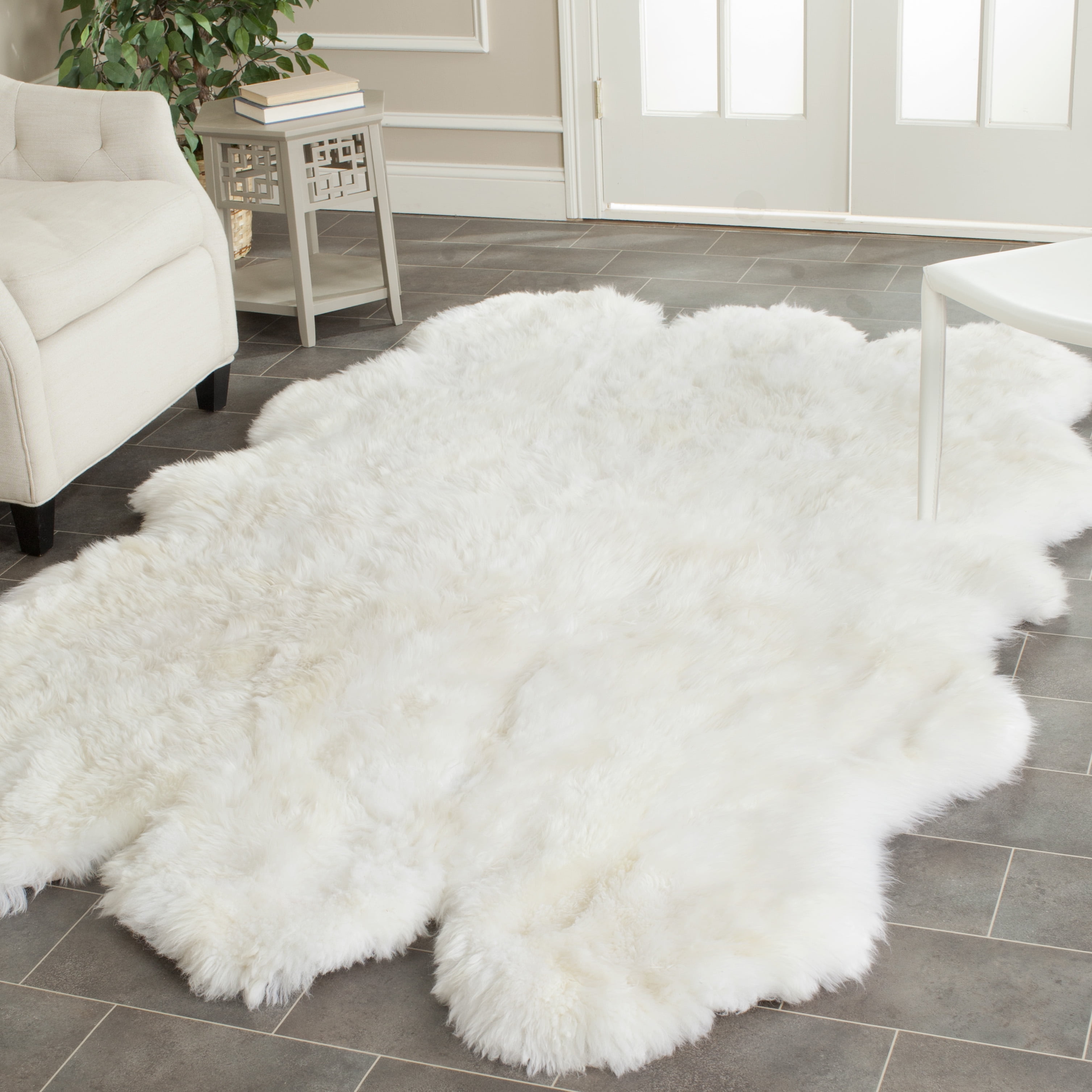Luxurious Hand-Knotted Sheepskin White and Beige 6' Square Rug