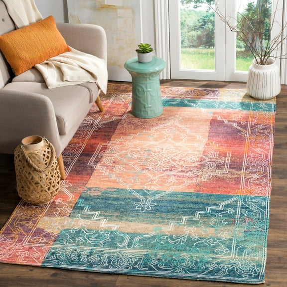 SAFAVIEH Saffron Ailin Geometric Cotton Area Rug, Coral/Aqua, 5' x 8'