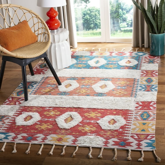 SAFAVIEH Saffron Averill Geometric Bordered Wool Area Rug, Rust/Beige, 8' x 10'
