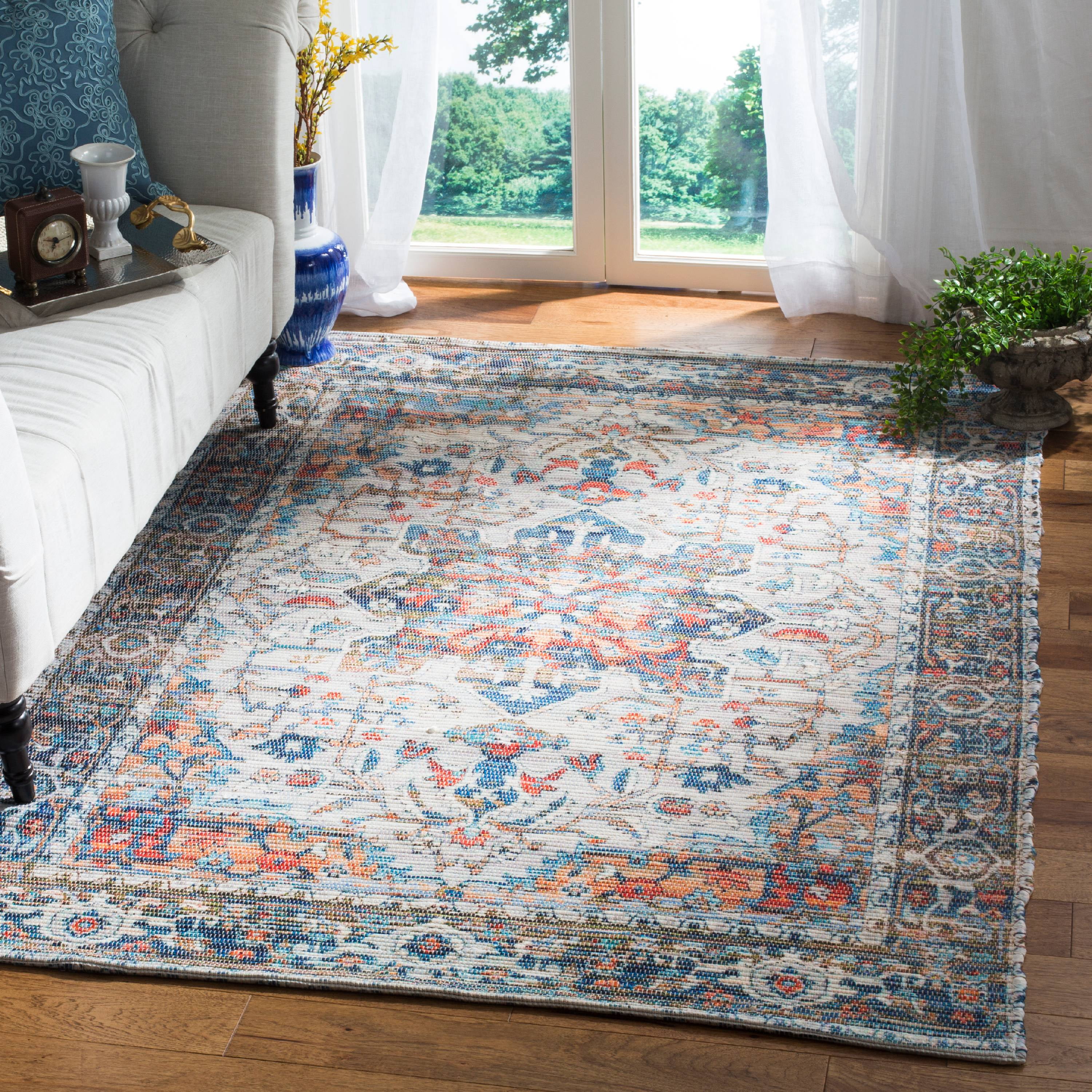 Saffron Gray and Blue Handwoven Wool Cotton Area Rug 4' x 6'
