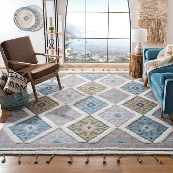 SAFAVIEH Saffron Cynarra Geometric Wool Area Rug, Ivory/Turquoise, 8' x 10'
