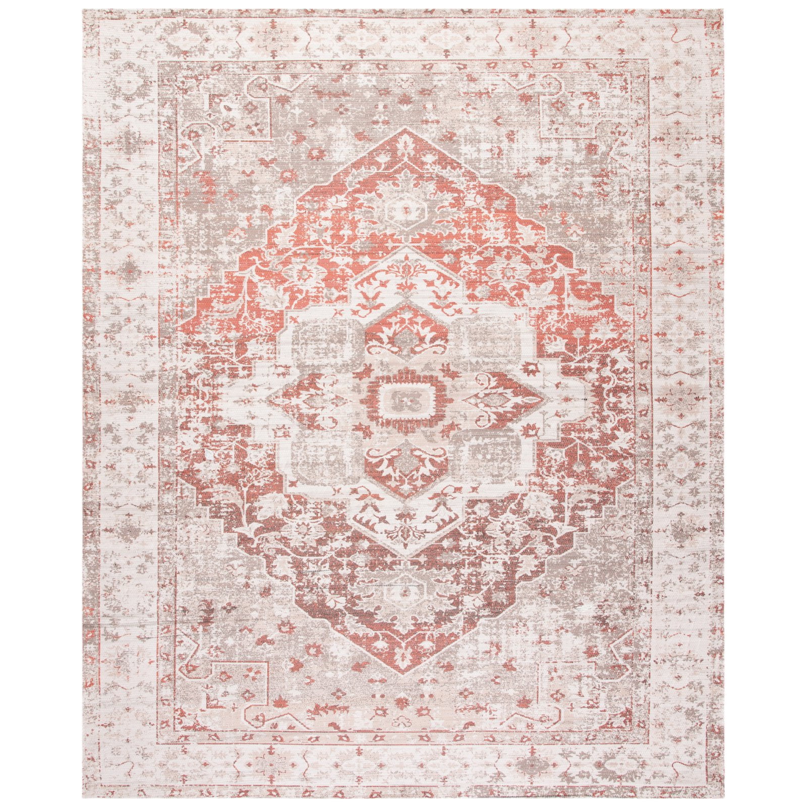 Ivory and Rust Floral Bordered 4' x 6' Cotton Area Rug