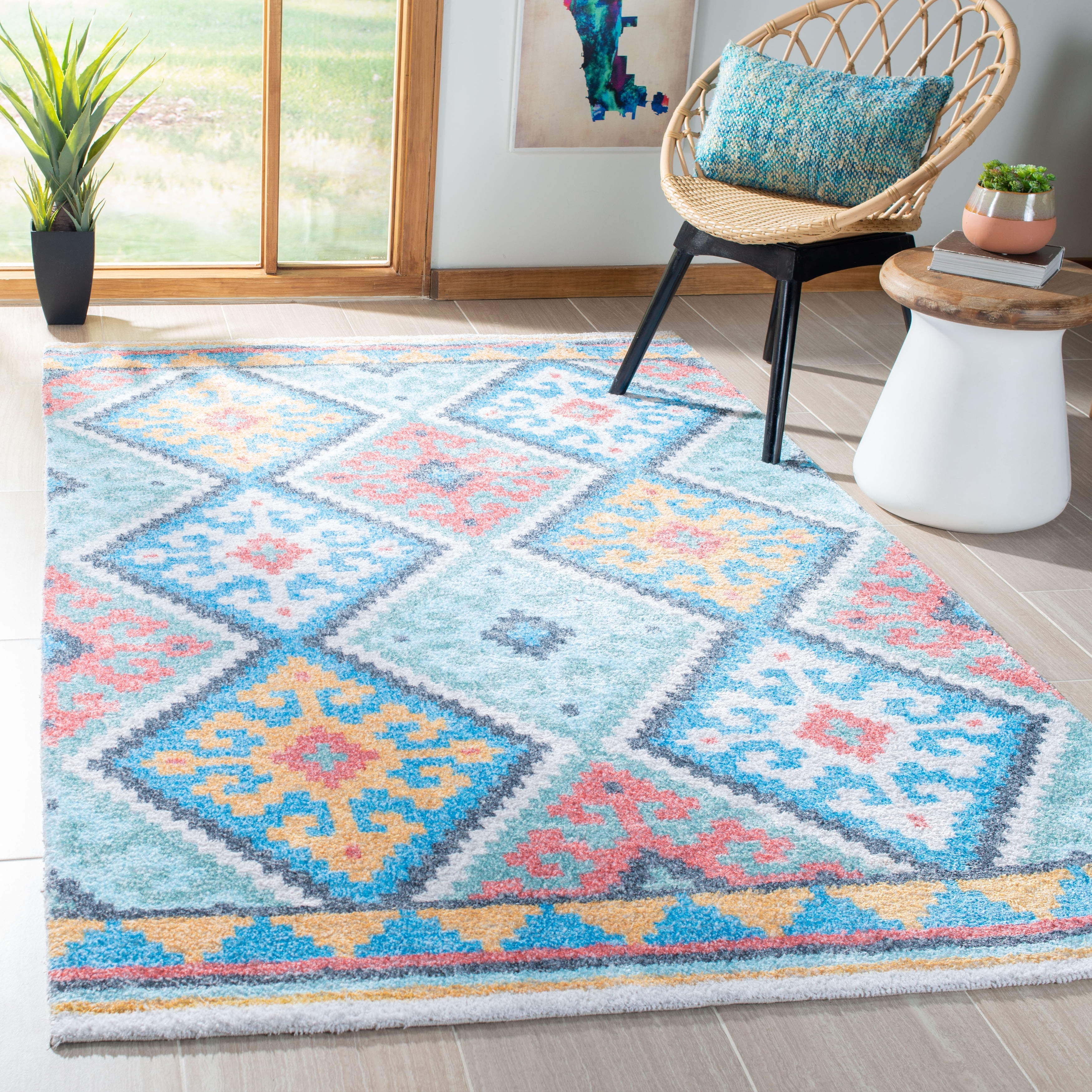 Bohemian Blue Flat Woven Wool & Cotton Blend Rug - 4' x 6'