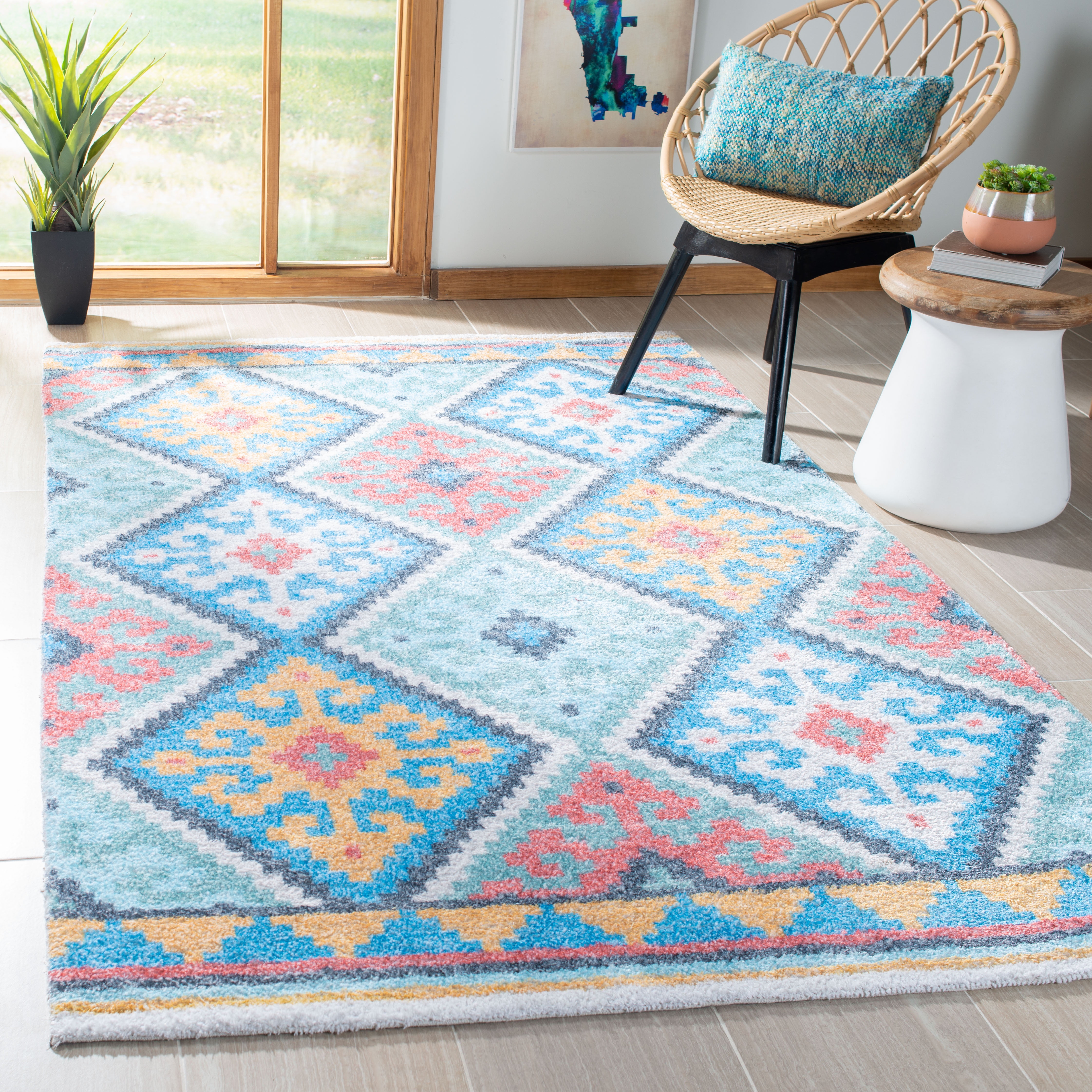 Saffron Blue and Aqua Square Flat Woven Area Rug