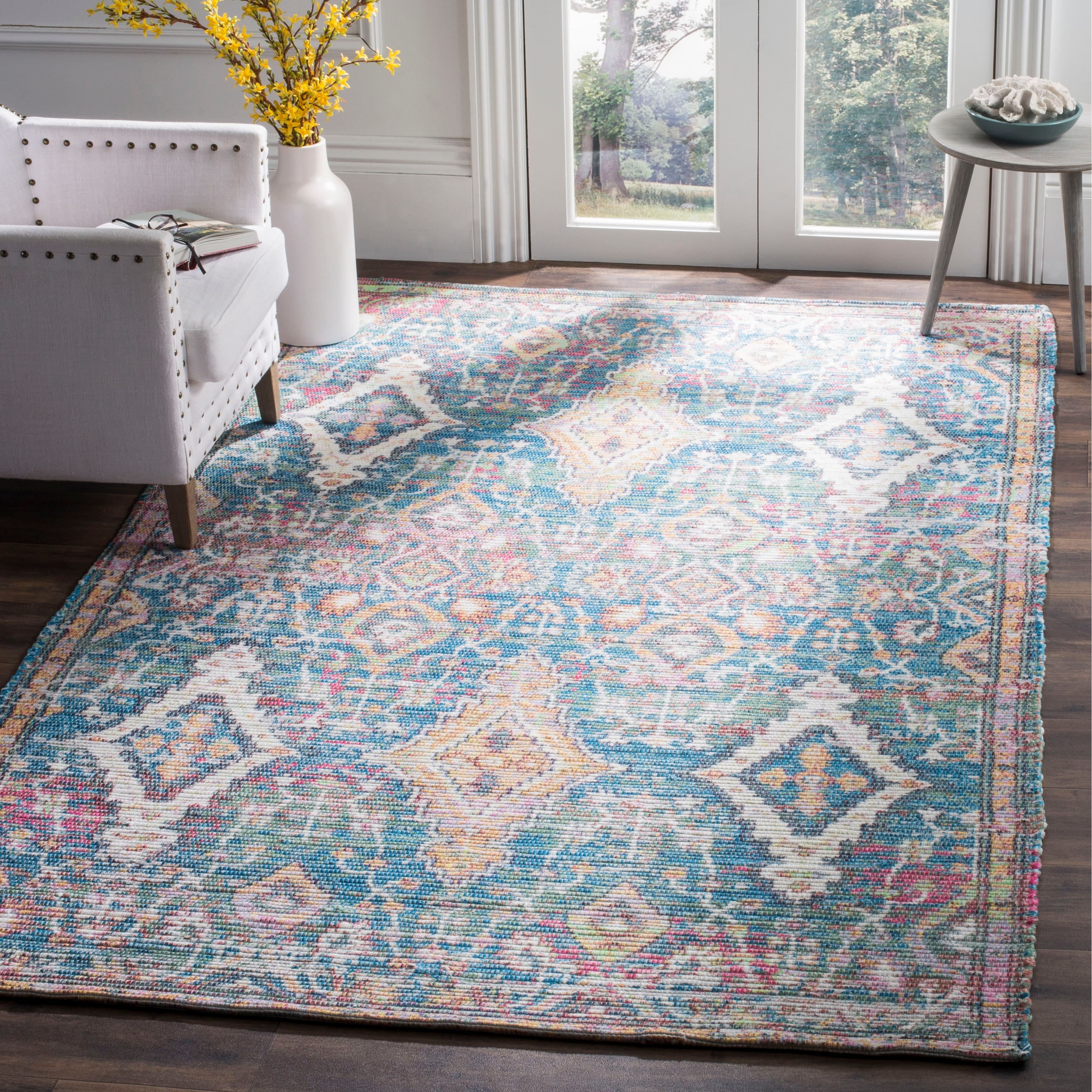 SAFAVIEH Saffron Justina Floral Cotton Area Rug, Turquoise/Peach, 5' x 8'