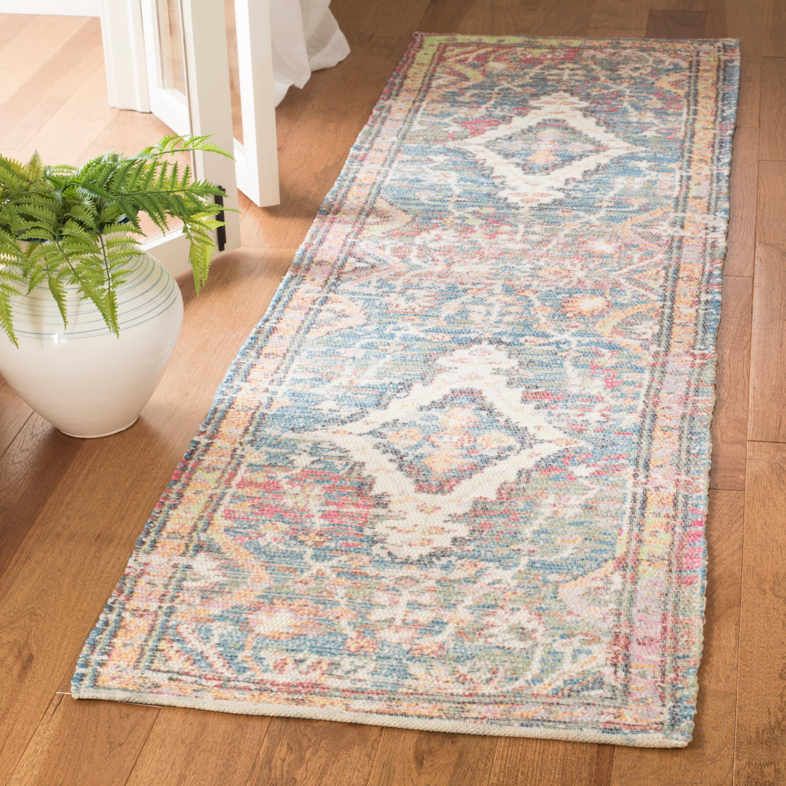 SAFAVIEH Saffron Justina Floral Cotton Runner Rug, Turquoise/Peach, 2'3" x 10'