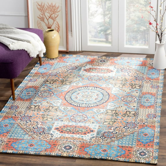 SAFAVIEH Saffron Leighton Border Cotton Area Rug, Orange/Blue, 5' x 8'