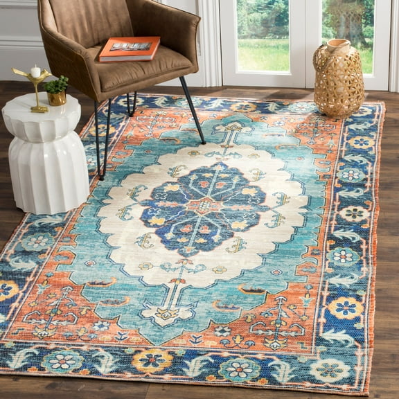 SAFAVIEH Saffron Leighton Vintage Area Rug, Blue/Coral, 5' x 8'