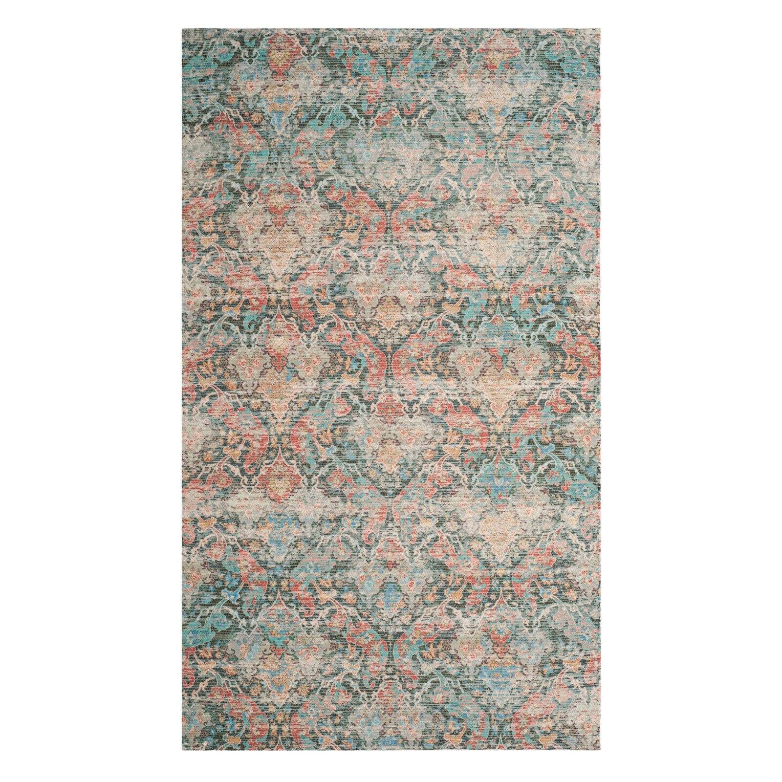 Saffron Coral Aqua Floral Hand-Loomed Wool Area Rug