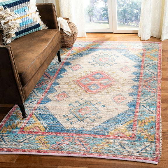 SAFAVIEH Saffron Ruth Overdyed Geometric Cotton Area Rug, Cream/Blue, 6' x 6' Square