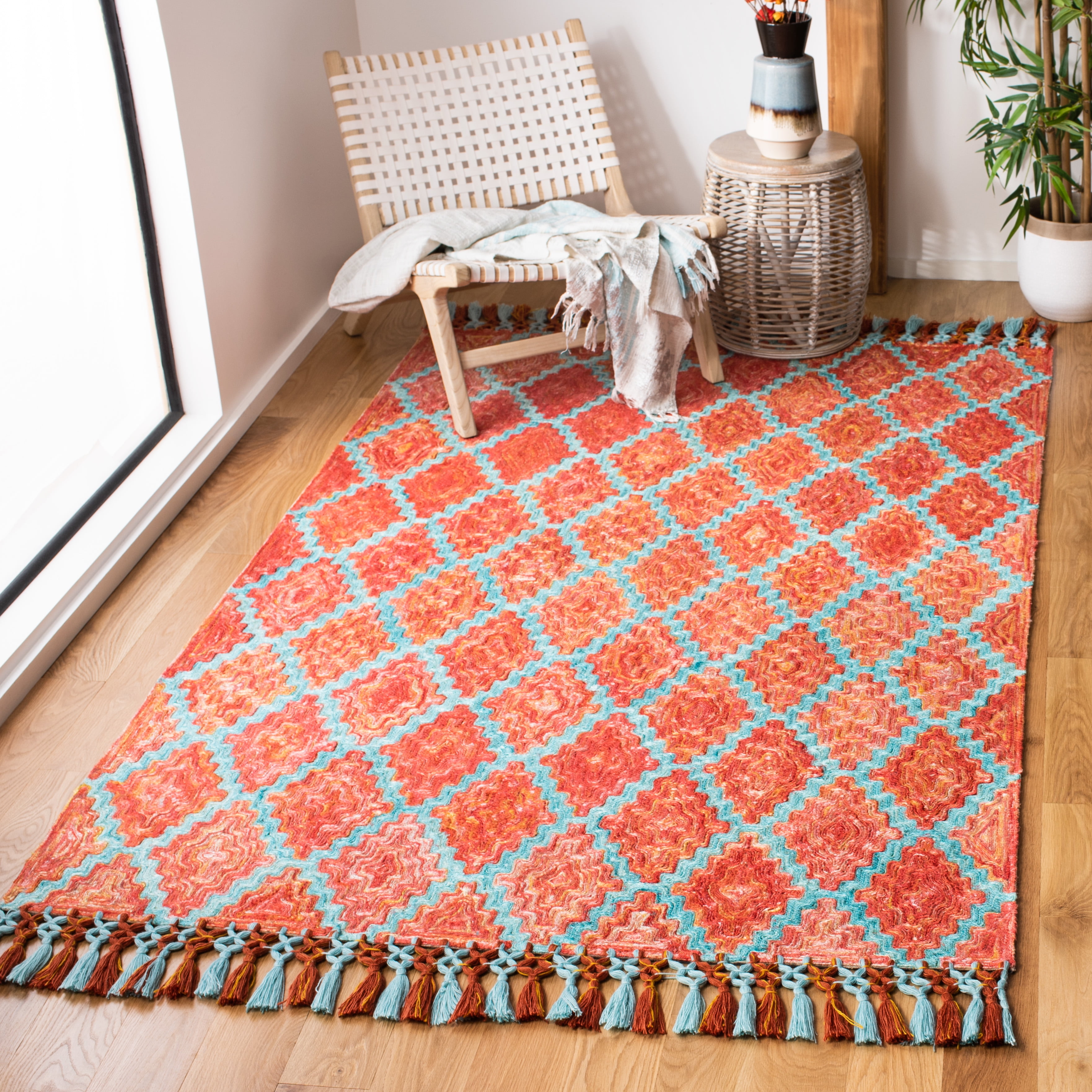 SAFAVIEH Sahara Jeptha Geometric Trellis Area Rug, Rust/Aqua, 4' x 6'