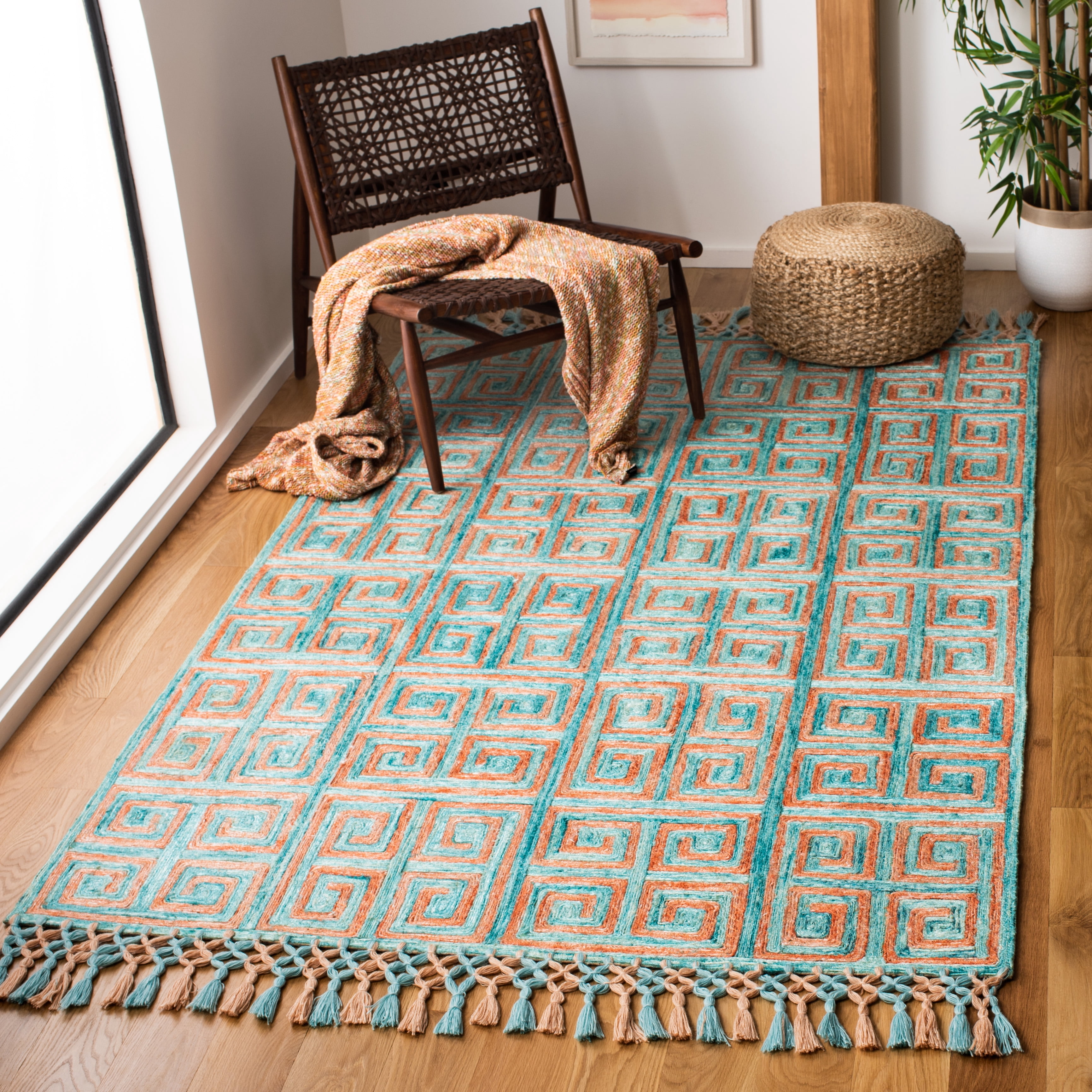 SAFAVIEH Sahara Philander Geometric Squares Area Rug, Rust/Aqua, 4' x 6'