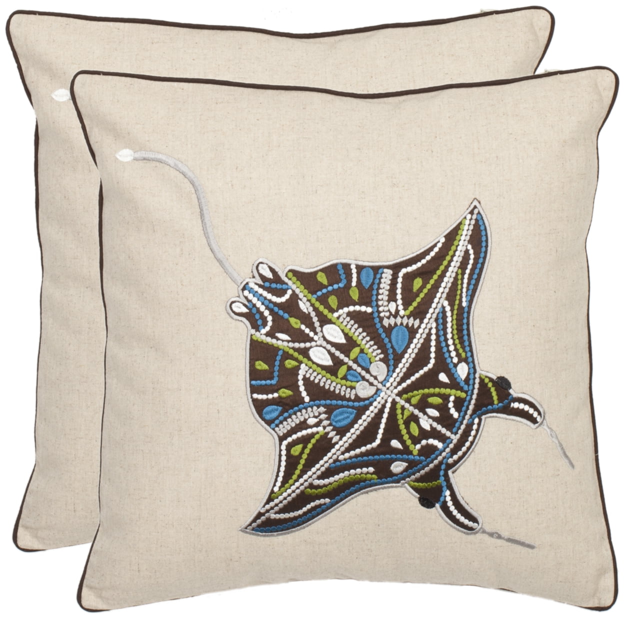 18'' Beige and Brown Embroidered Linen Throw Pillow Set