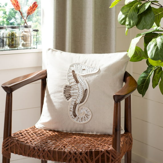 SAFAVIEH Sanden Seahorse 18" x 18" Coastal Plush Pillow, Natural