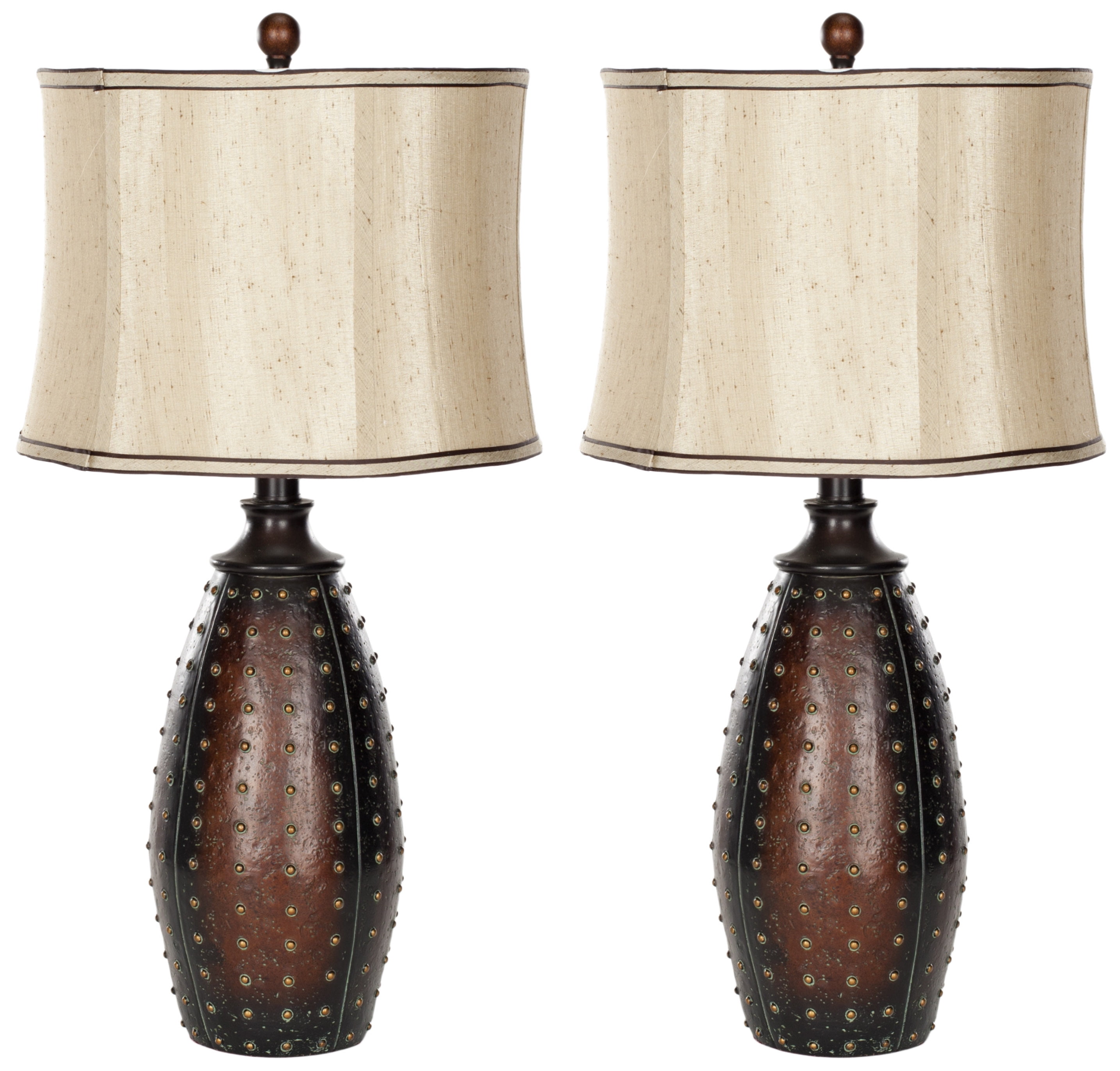 Santa Fe Rustic Brown Studded Faux Leather Table Lamp Set with Beige Shades