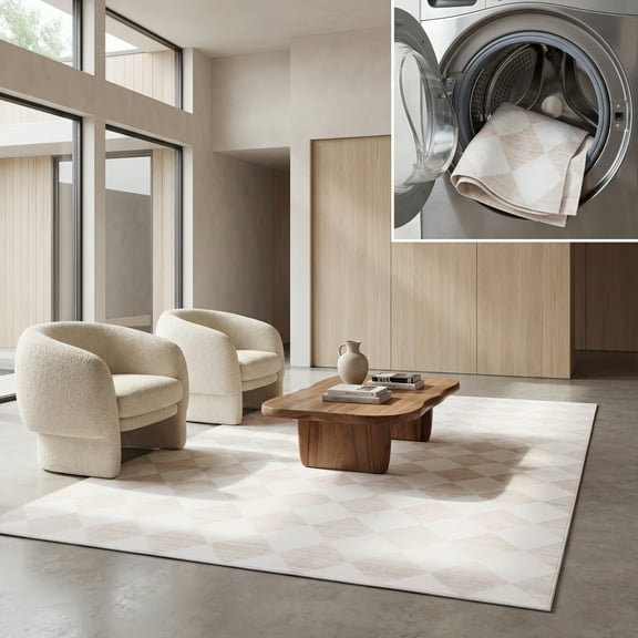 SAFAVIEH Santa Clara Elwyn Checkered Polyester Machine Washable Area Rug, Ivory/Beige, 3' x 5'