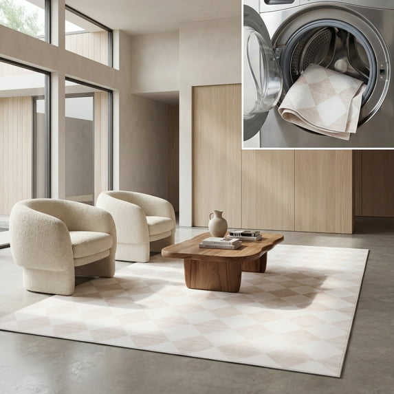 SAFAVIEH Santa Clara Elwyn Checkered Polyester Machine Washable Area Rug, Ivory/Beige, 8' x 10'