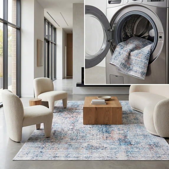 SAFAVIEH Santa Monica Alice Abstract Polyester Area Rug, Blue/Rust, 4' x 6'