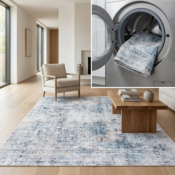 SAFAVIEH Santa Monica Alice Abstract Polyester Area Rug, Navy/Beige, 6' x 6' Square