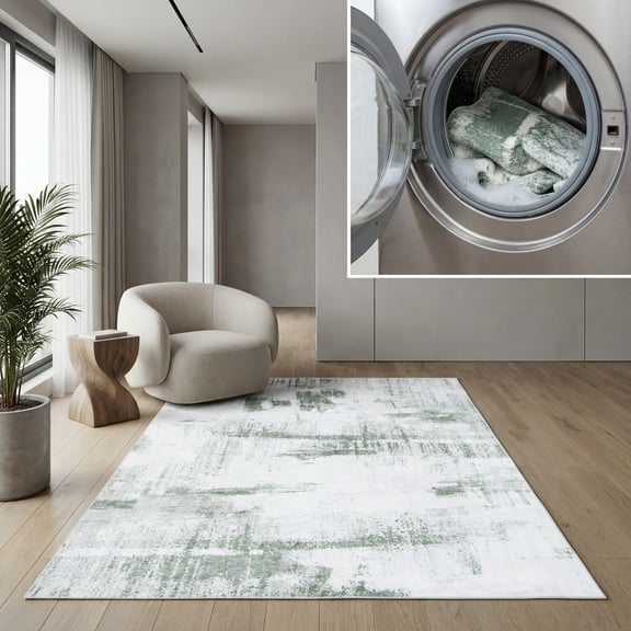 SAFAVIEH Santa Monica Bertrand Abstract Polyester Area Rug, Ivory/Green, 5' x 8'