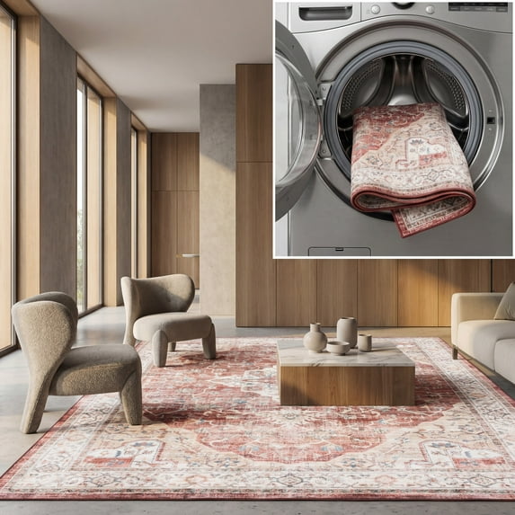 SAFAVIEH Santa Monica Celinda Medallion Polyester Area Rug, Rust/Gold, 3' x 5'