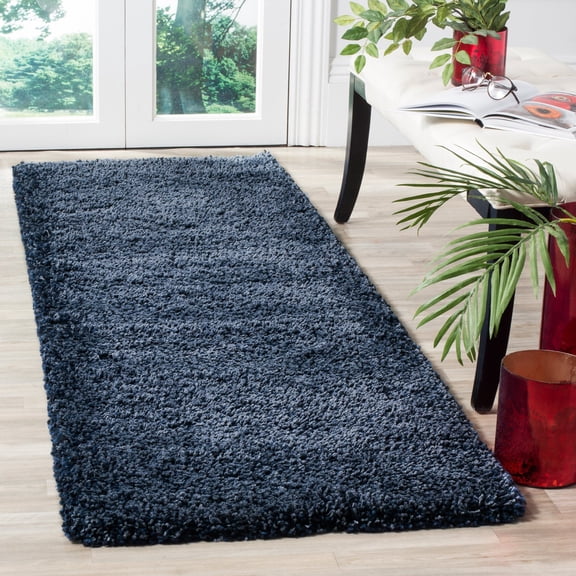 SAFAVIEH Santa Monica Chelsey Solid Shag Runner Rug, Navy, 2'3" x 11'