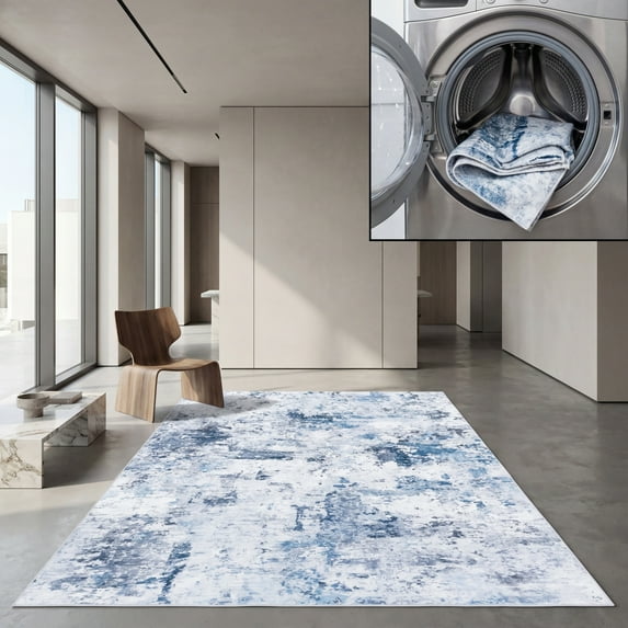 SAFAVIEH Santa Monica Jessy Abstract Machine Washable Area Rug, Ivory/Blue, 5' x 8'