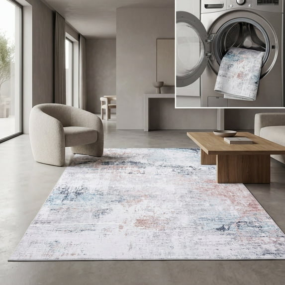 SAFAVIEH Santa Monica Norbert Abstract Polyester Area Rug, Beige/Teal, 8' x 10'