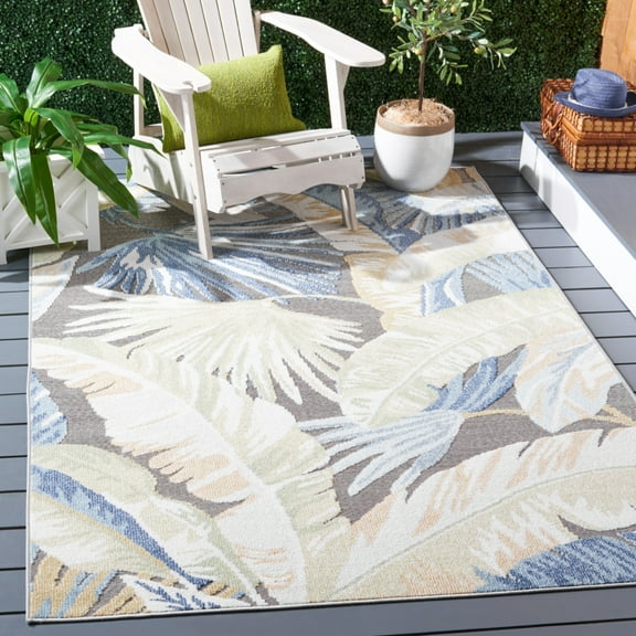SAFAVIEH Sarasota Olivia Botanical Indoor/Outdoor Area Rug, Light Green/Navy, 6'7" x 6'7" Square