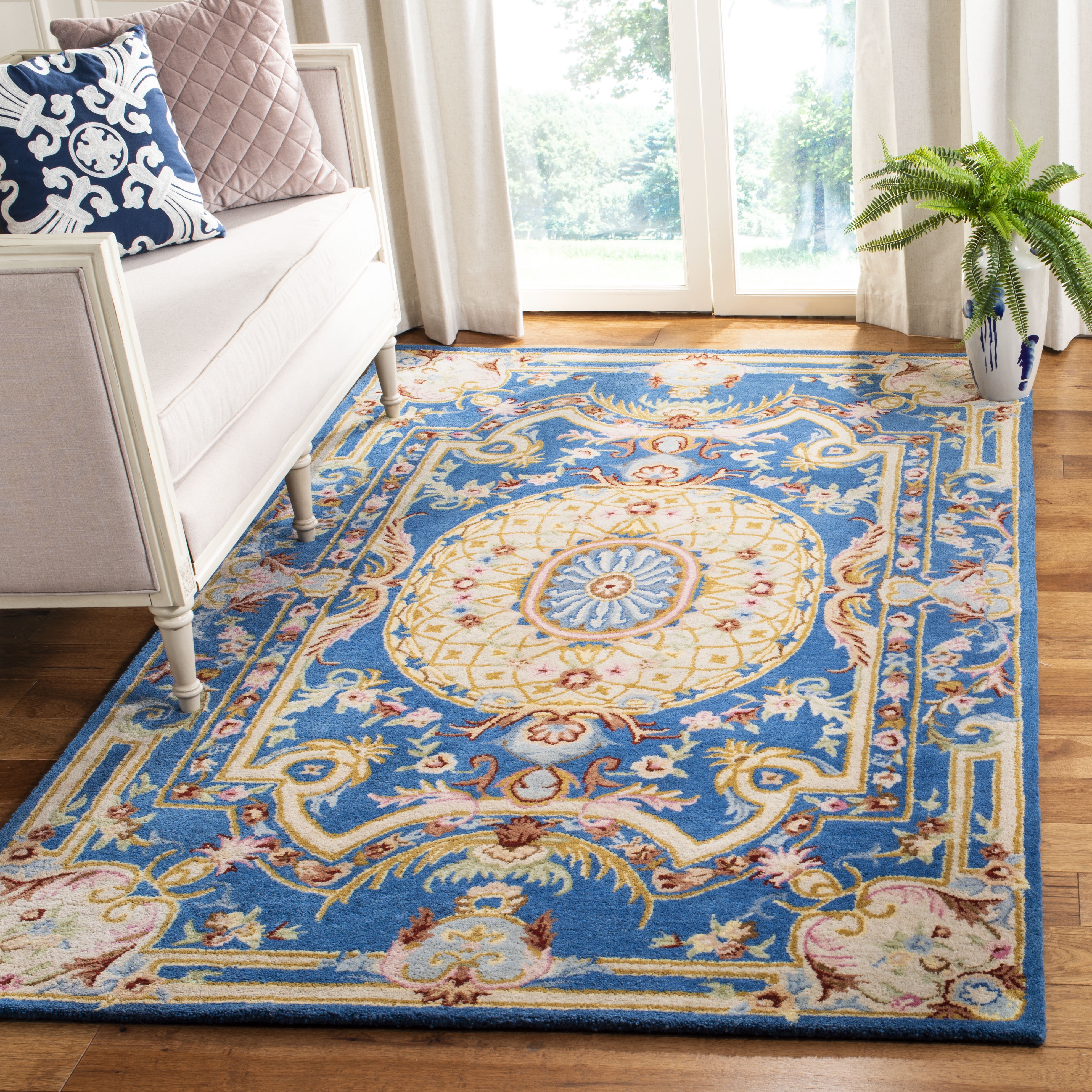 Handmade Blue and Ivory Wool Square Area Rug 6'x6'