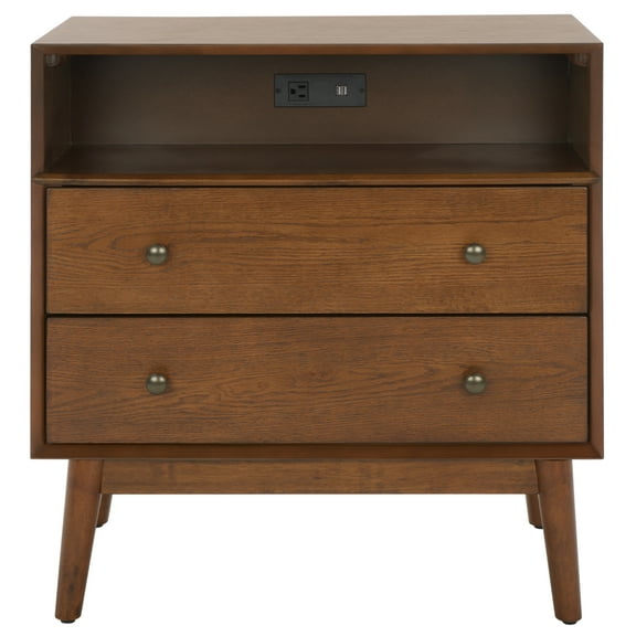 SAFAVIEH Scully 2 Drawer 1 Shelf Chest with Usb, Medium Oak/Gold (28 in. W x 15 in. D x 29 in. H)