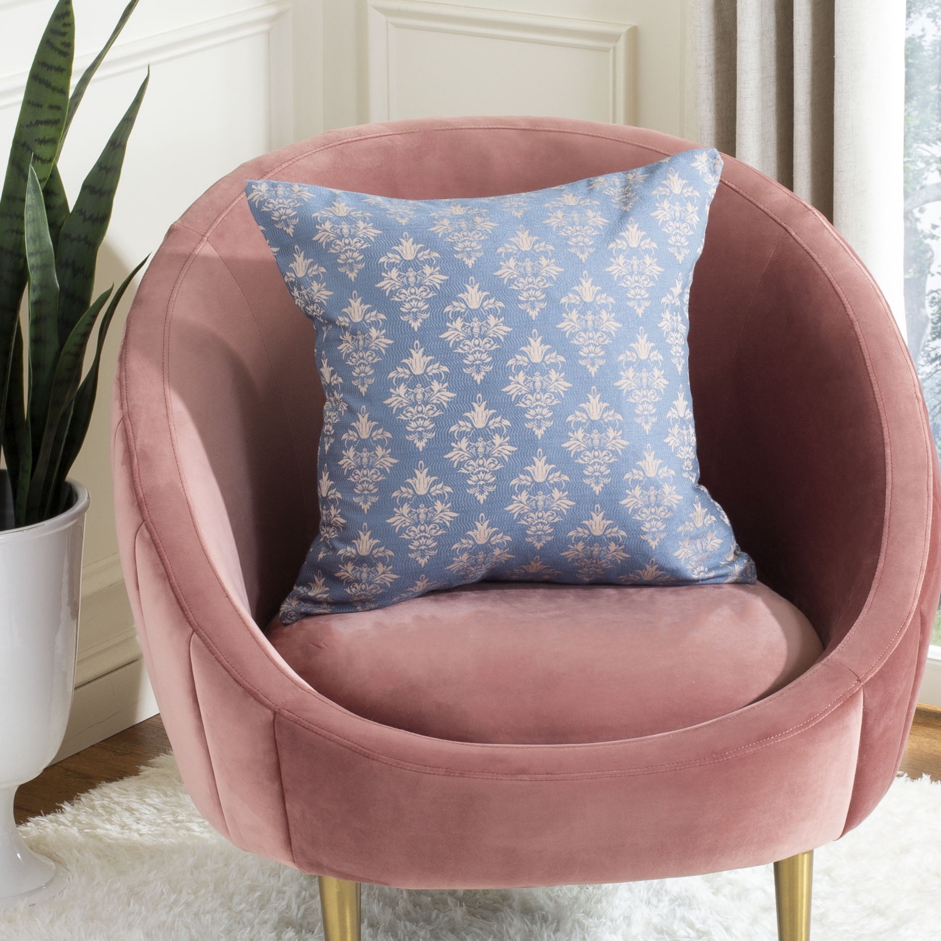 Seanna Blue Damask Cotton Square Throw Pillow