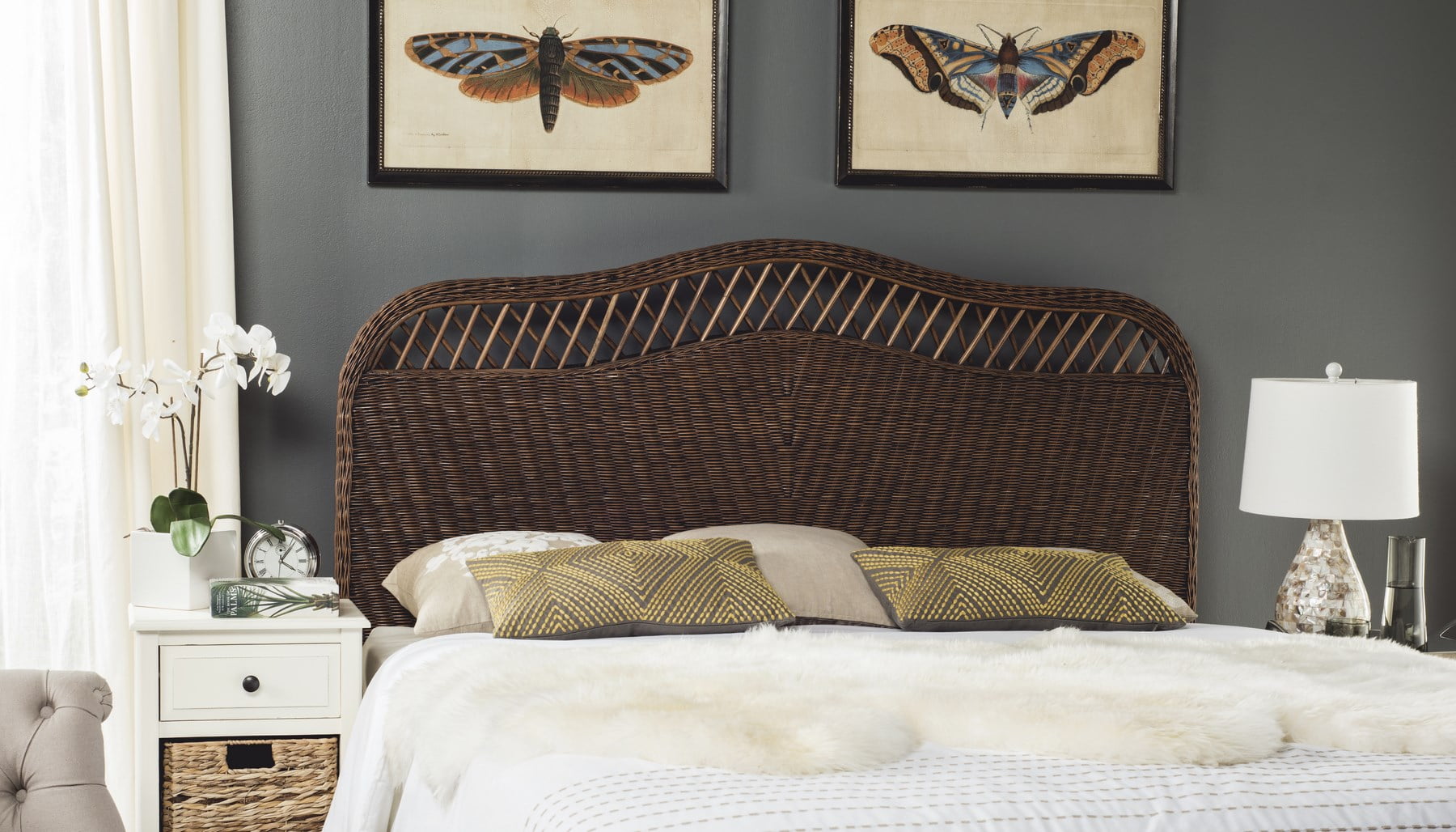 Transitional Wicker Queen Headboard in Tonal Brown