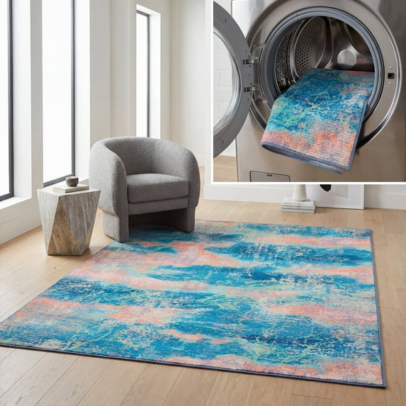SAFAVIEH Sequoia Jeana Abstract Machine Washable Area Rug, 4'4" x 6', Blue/Orange