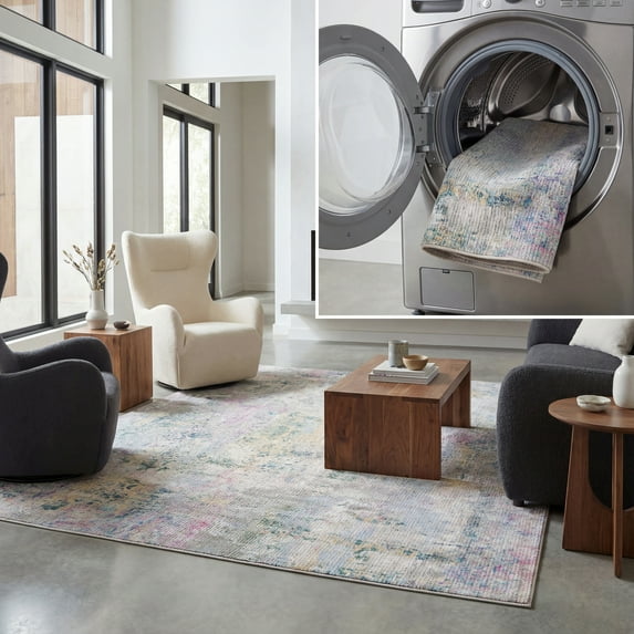 SAFAVIEH Sequoia Keith Abstract Polyester Machine Washable Area Rug, Green/Pink, 6'7" x 6'7" Square