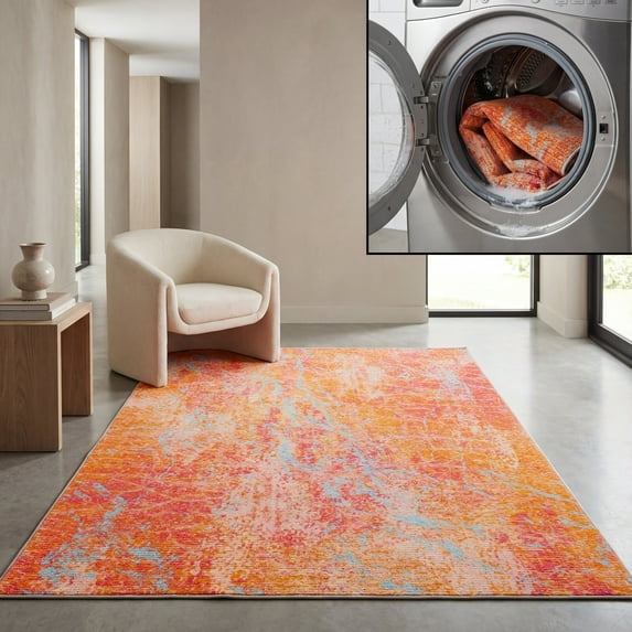 SAFAVIEH Sequoia Leon Abstract Machine Washable Area Rug, 6'7" x 9', Orange/Light Blue