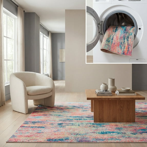 SAFAVIEH Sequoia Santos Abstract Machine Washable Area Rug, 5'5" x 7'6", Blue/Orange