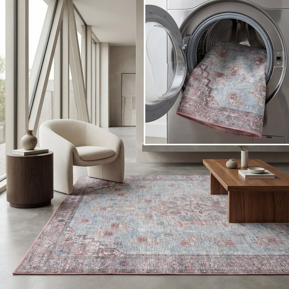 SAFAVIEH Serapi Adelaide Oriental Machine Washable Area Rug, Blue/Rust, 6'7" x 6'7" Square