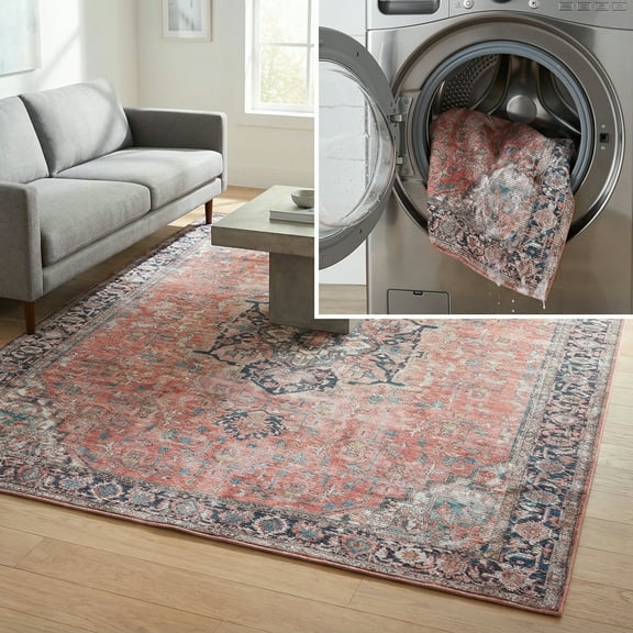 SAFAVIEH Serapi Adelaide Oriental Machine Washable Area Rug, Rust/Navy, 4' x 6'