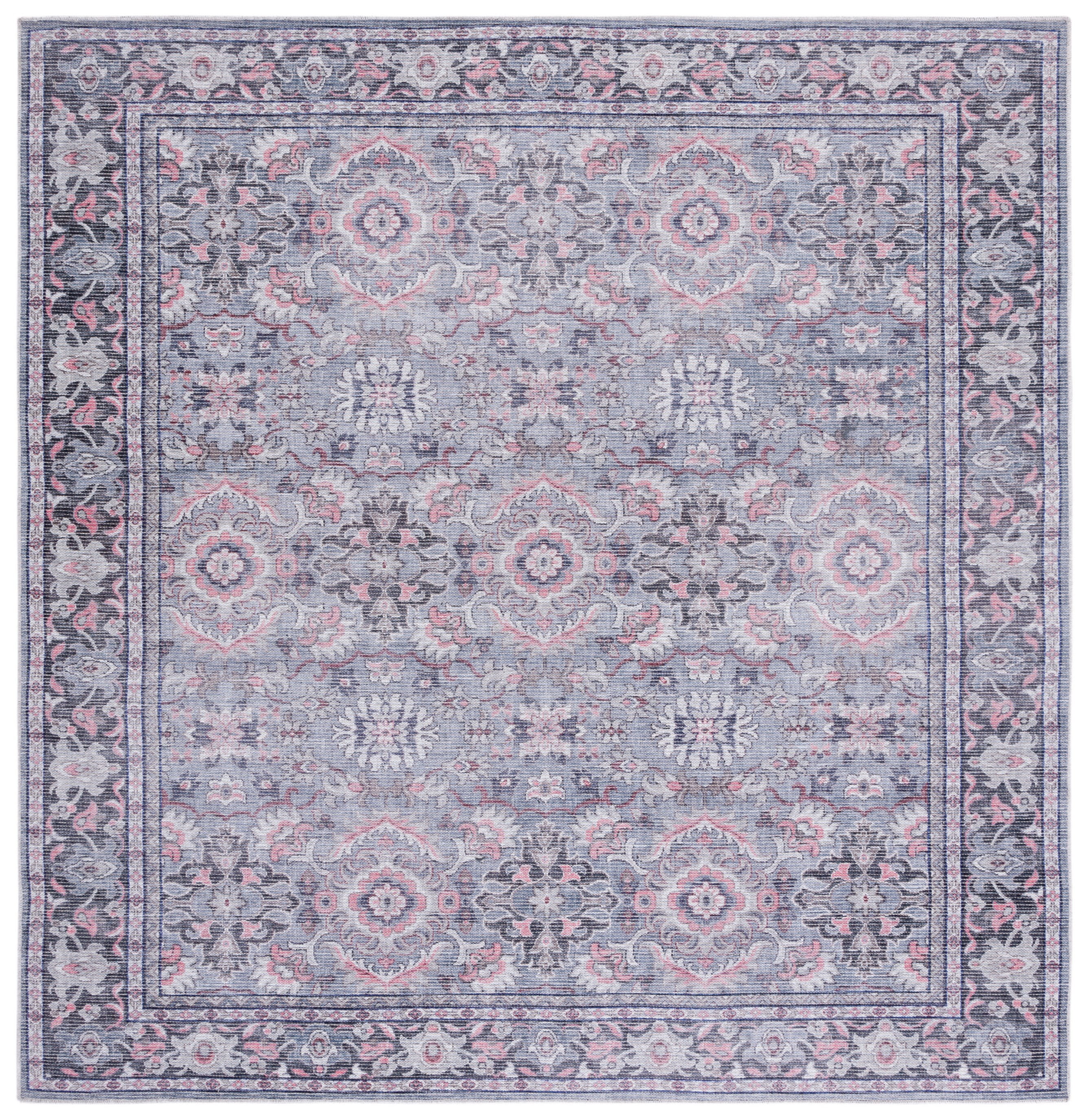 Grey and Pink Square Viscose Area Rug, 6'7"