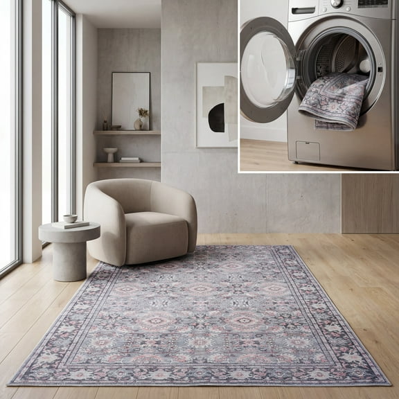 SAFAVIEH Serapi Amable Oriental Machine Washable Area Rug, Grey/Pink, 6'7" x 9'
