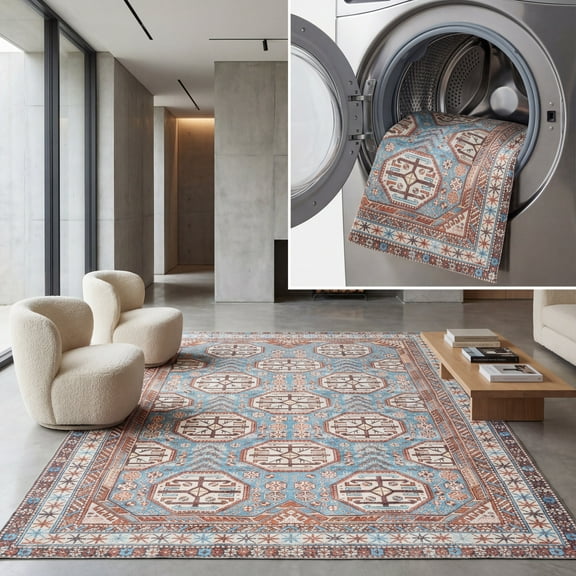 SAFAVIEH Serapi Blaire Traditional Machine Washable Area Rug, Light Blue/Brown, 5'3" x 7'7"