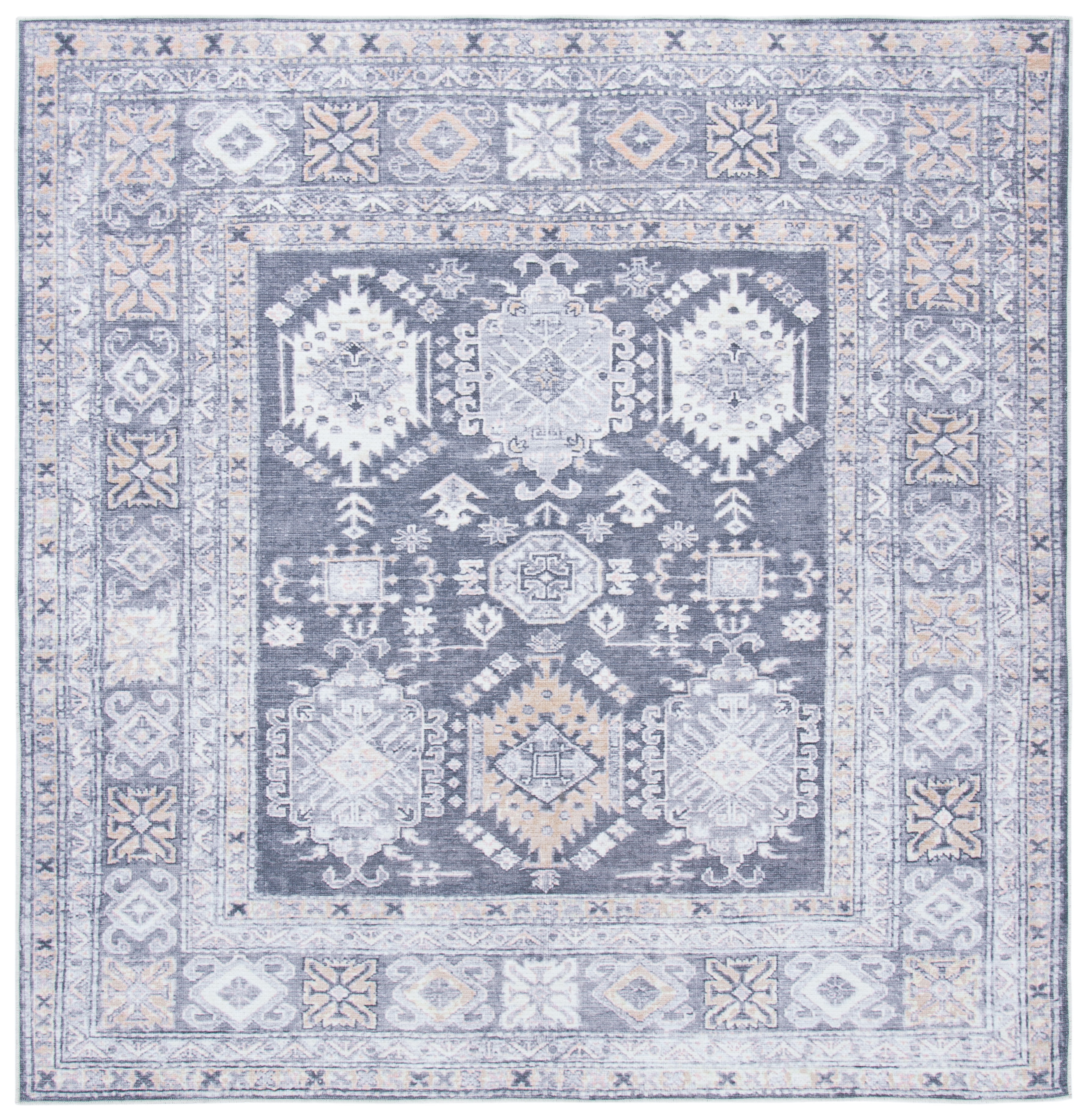 Serapi Gray and Beige Square Washable Synthetic Area Rug