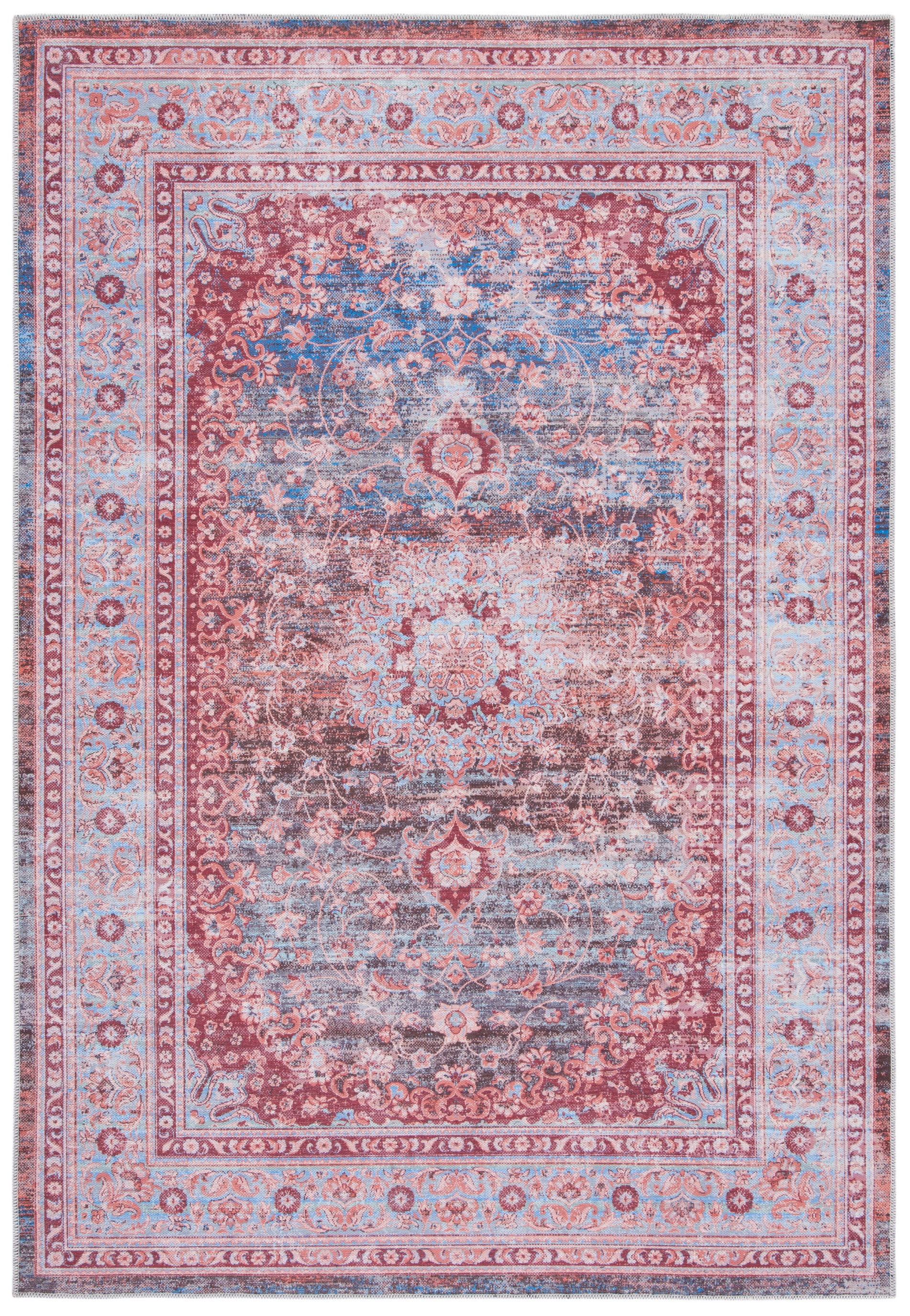 Light Blue and Red Rectangular Viscose Washable Rug