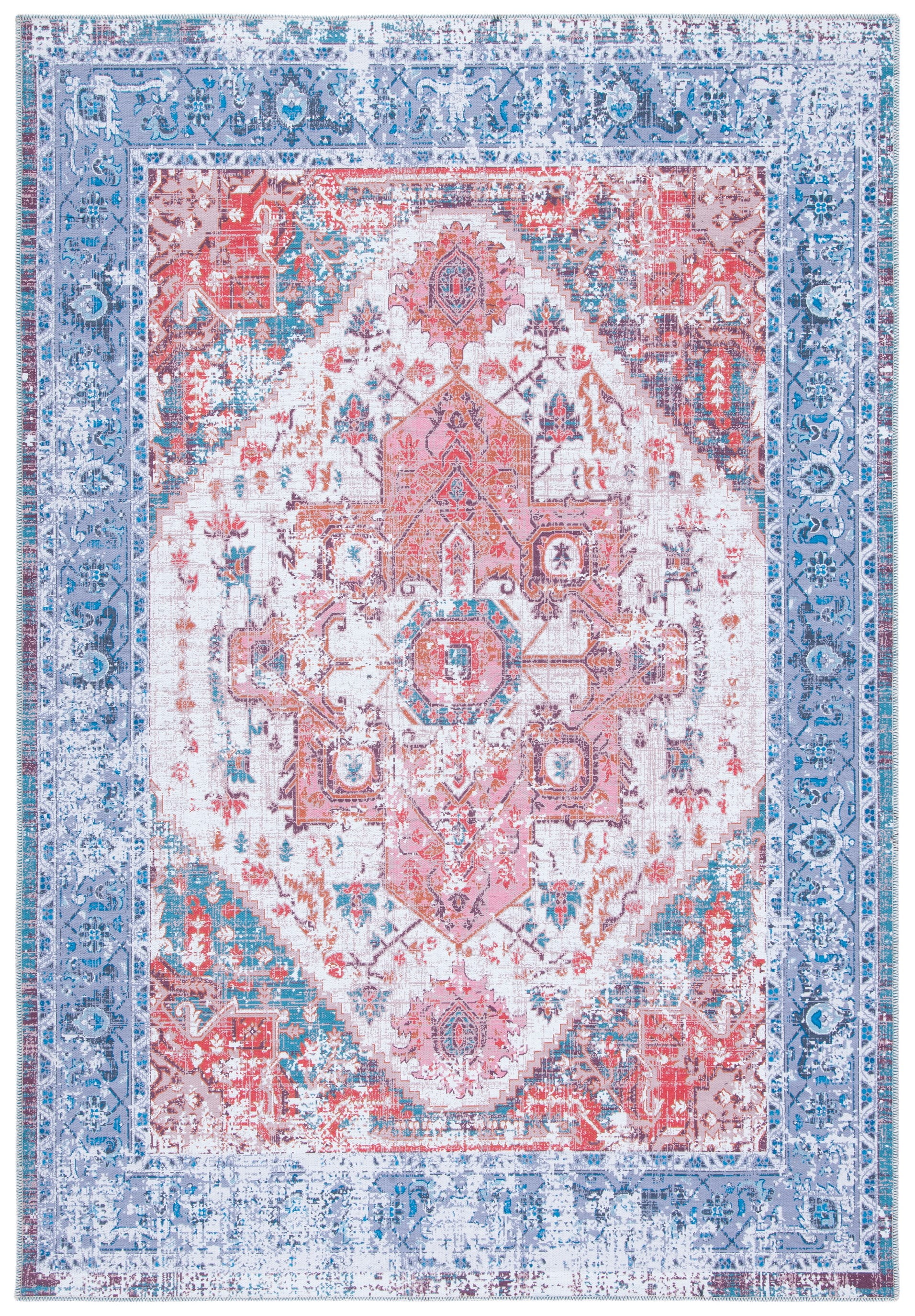 Rust and Blue Rectangular Viscose Area Rug, 5'3" x 7'6"