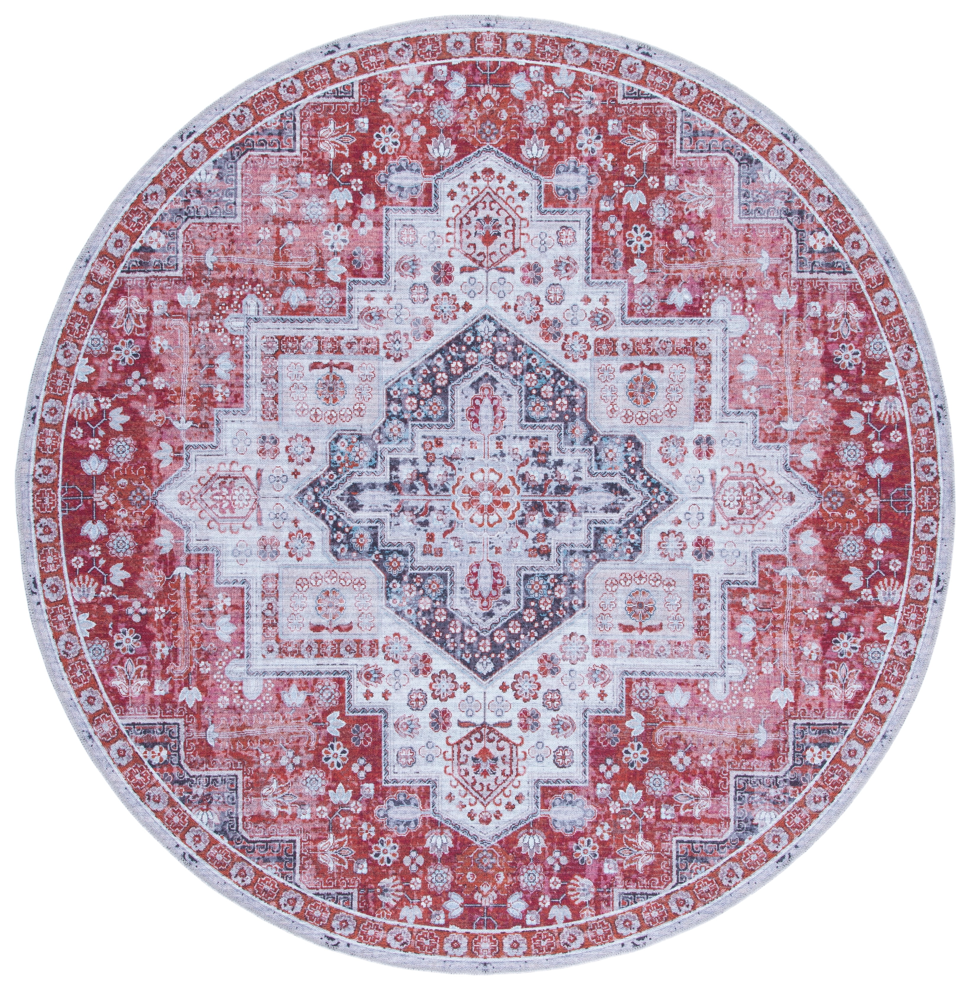Rust and Ivory Round Washable Viscose Area Rug