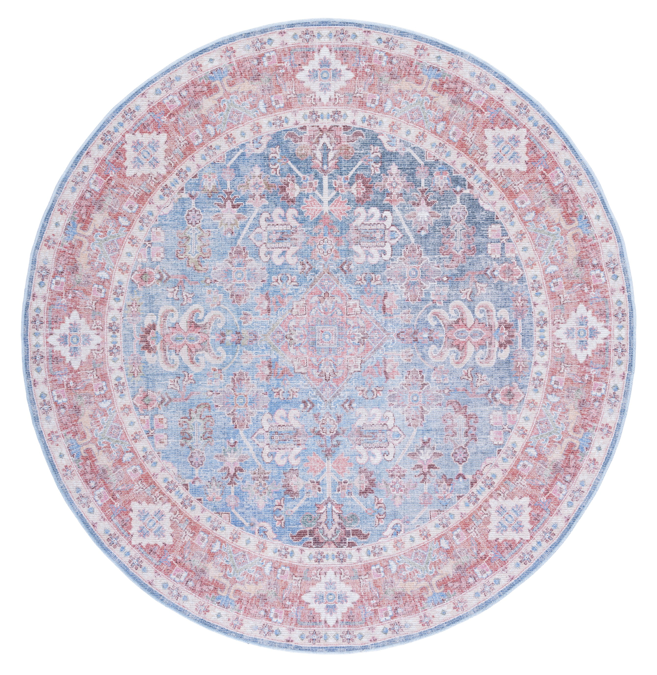 Round Blue and Rust Hand-Knotted Viscose Chenille Rug