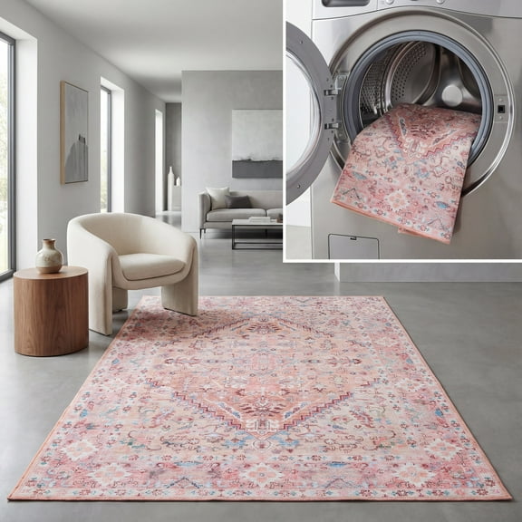SAFAVIEH Serapi Donald Oriental Machine Washable Area Rug, Beige/Pink, 3'3" x 5'