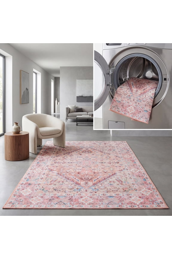 Serapi Donald Oriental Machine Washable Area Rug, Beige/Pink, 3'3" x 5'