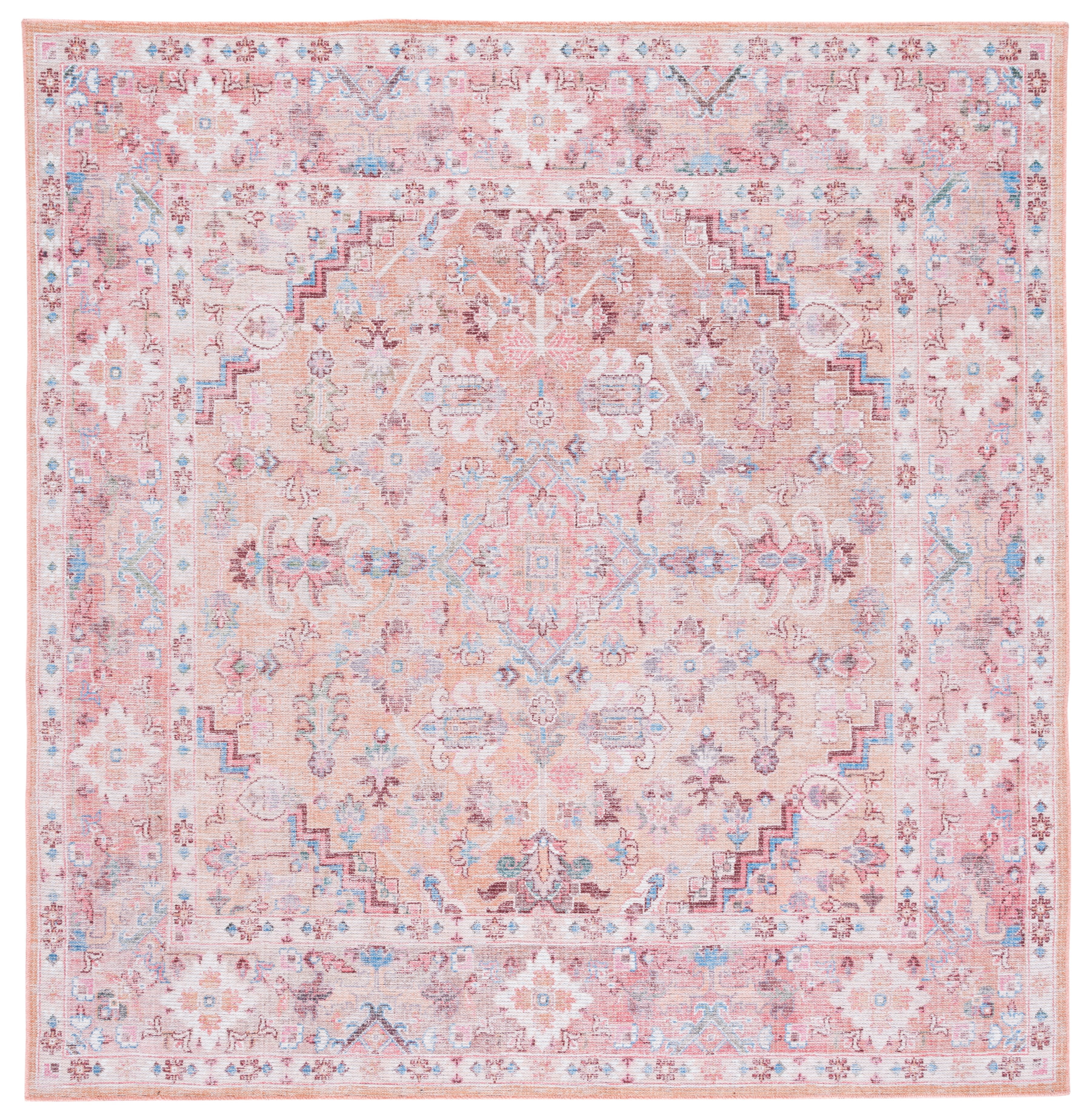 Beige and Pink Square Washable Viscose Chenille Rug